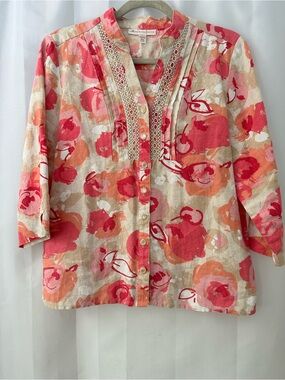 JM Collection Petite Linen Blouse 10P Coral Floral Crochet Trim Boho